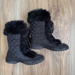 COACH Jennie Rabbit Fur Trim Monogram Jacquard Winter Snow Boots - Black 6B LNC